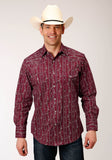 MENS LONG SLEEVE SNAP BRICK RED AND CR WALLPAPER STRIPE WESTERN SHIRT