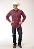 MENS LONG SLEEVE SNAP BRICK RED AND CR WALLPAPER STRIPE WESTERN SHIRT