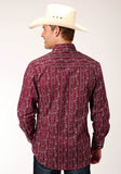 MENS LONG SLEEVE SNAP BRICK RED AND CR WALLPAPER STRIPE WESTERN SHIRT