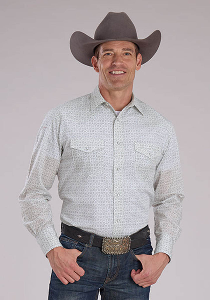 MENS GRAY AND WHITE FLORAL PRINT LONG SLEEVE SNAP WESTERN SHIRT