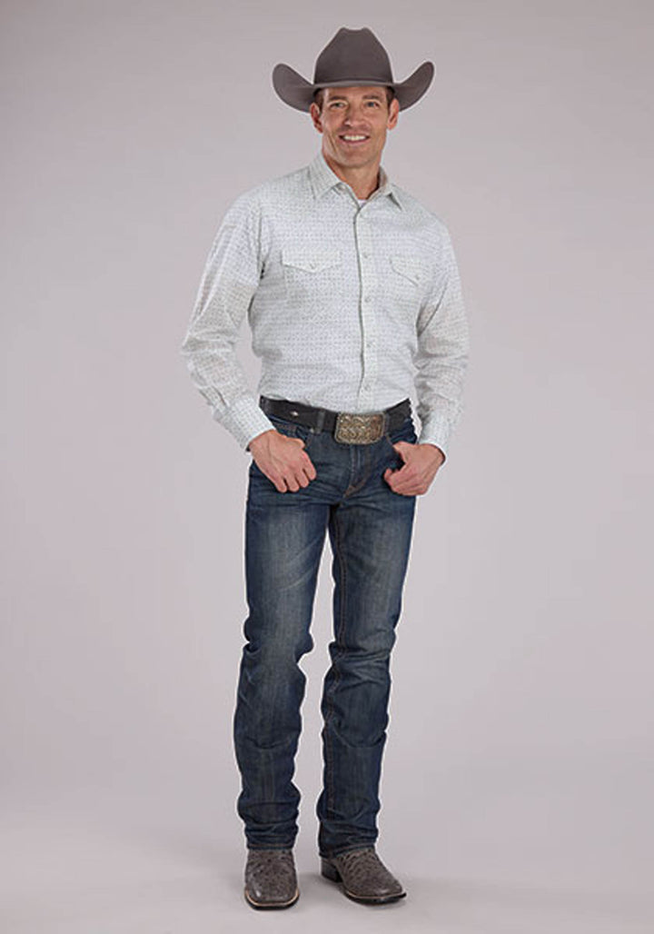 MENS GRAY AND WHITE FLORAL PRINT LONG SLEEVE SNAP WESTERN SHIRT