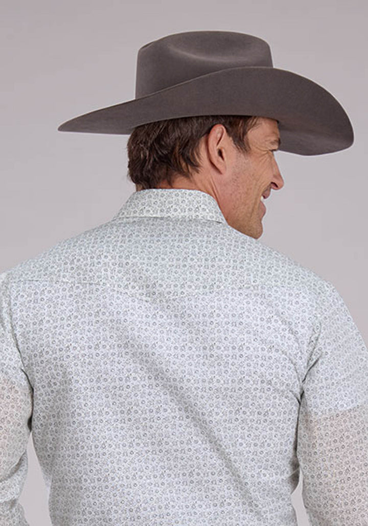 MENS GRAY AND WHITE FLORAL PRINT LONG SLEEVE SNAP WESTERN SHIRT