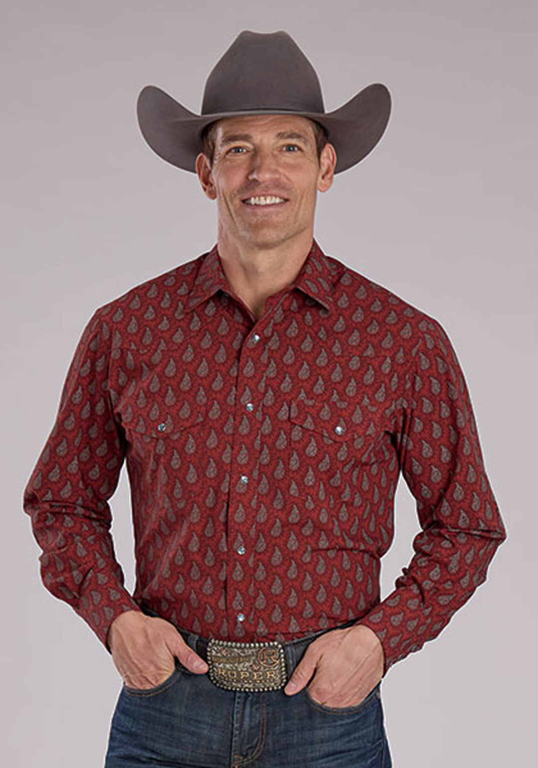 MENS BRICK RED GRAY AND BLACK PAISLEY PRINT LONG SLEEVE SNAP WESTERN SHIRT