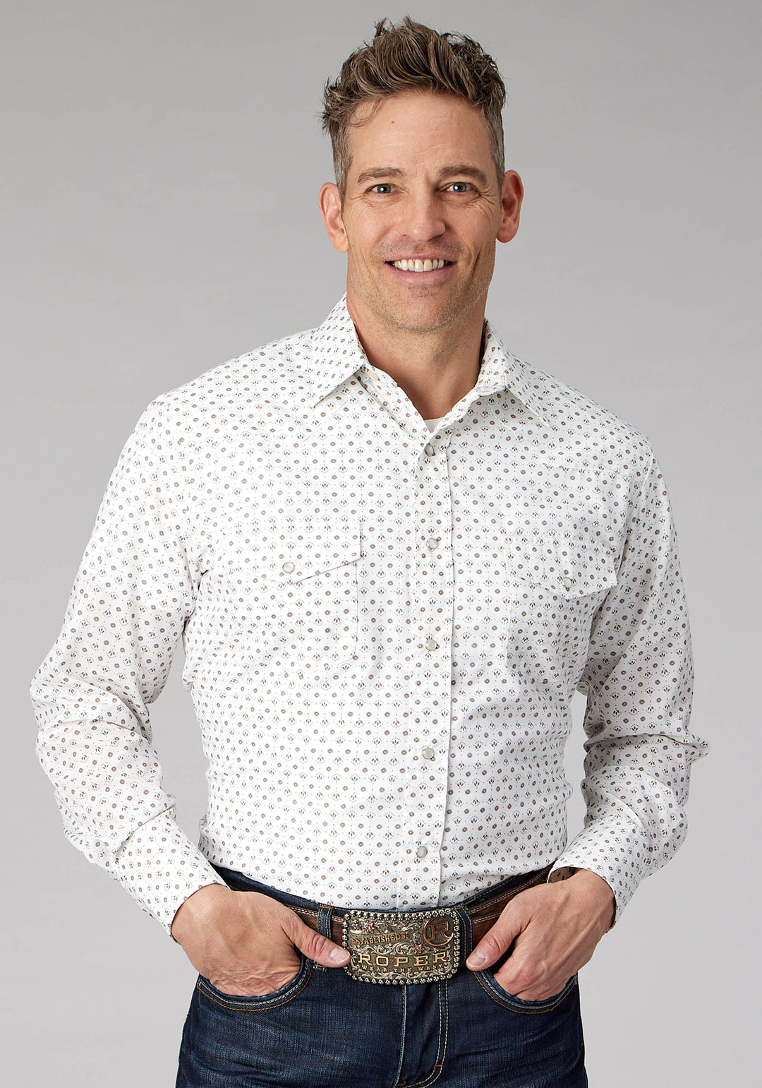 MENS CREAM TAUPE MINI FLORAL PRINT LONG SLEEVE SNAP WESTERN SHIRT