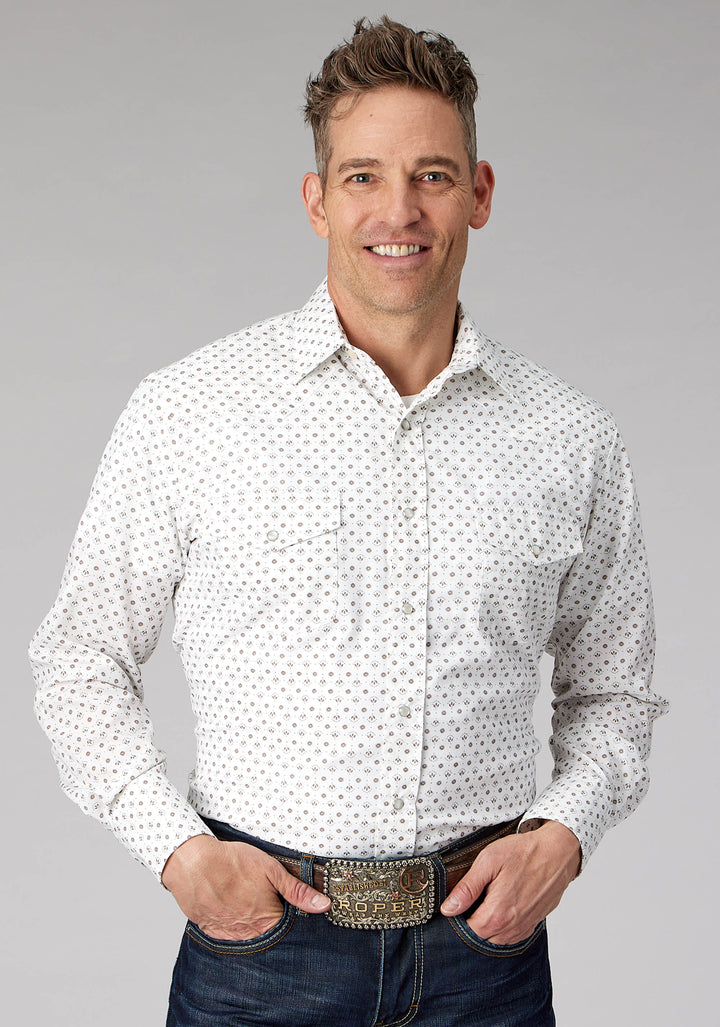 MENS CREAM TAUPE MINI FLORAL PRINT LONG SLEEVE SNAP WESTERN SHIRT