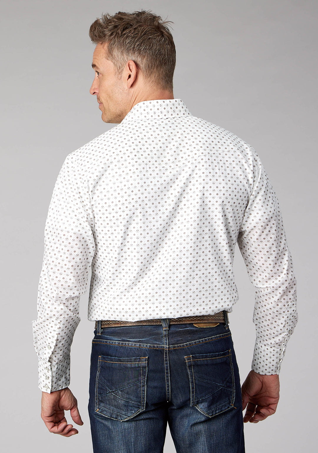 MENS CREAM TAUPE MINI FLORAL PRINT LONG SLEEVE SNAP WESTERN SHIRT