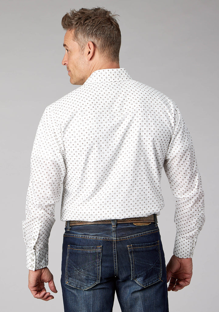MENS CREAM TAUPE MINI FLORAL PRINT LONG SLEEVE SNAP WESTERN SHIRT