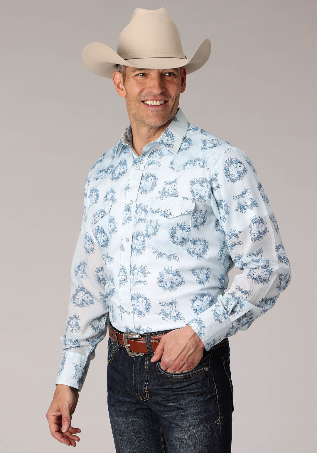 MENS MULTI BLUE FLORAL PRINT LONG SLEEVE SNAP WESTERN SHIRT