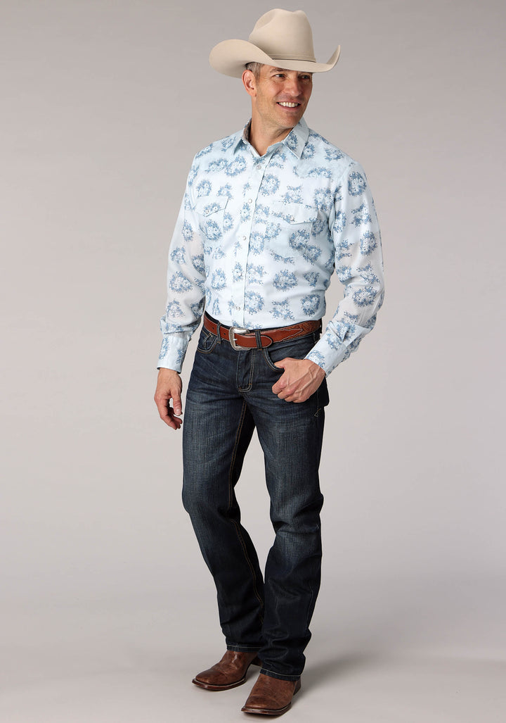 MENS MULTI BLUE FLORAL PRINT LONG SLEEVE SNAP WESTERN SHIRT