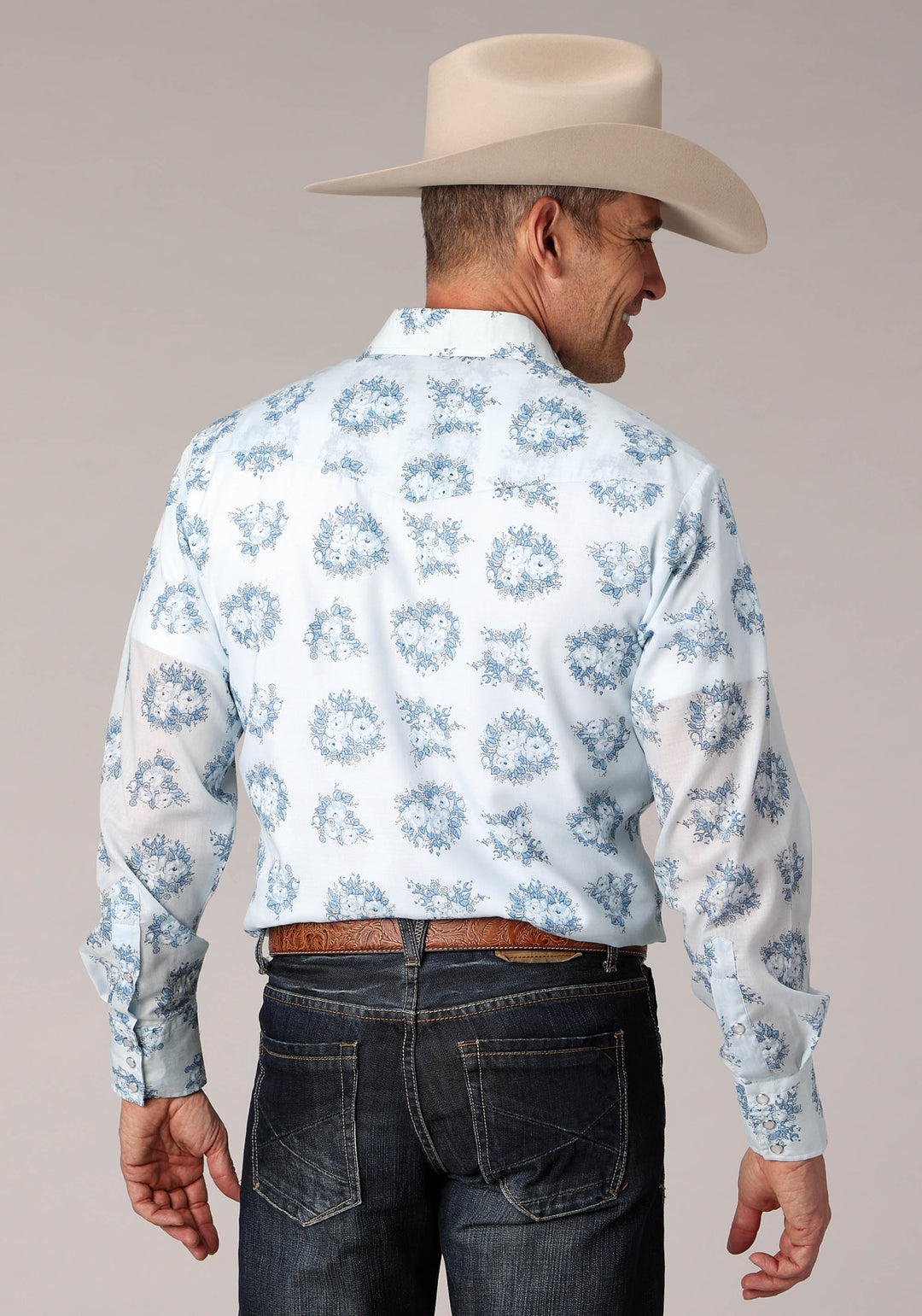 MENS MULTI BLUE FLORAL PRINT LONG SLEEVE SNAP WESTERN SHIRT