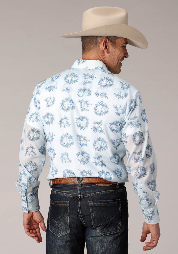 MENS MULTI BLUE FLORAL PRINT LONG SLEEVE SNAP WESTERN SHIRT