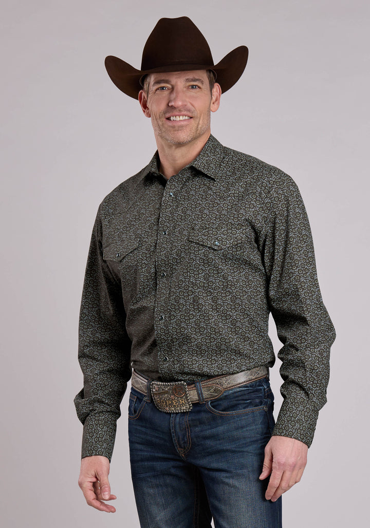 MENS LONG SLEEVE SNAP OLIVE FLORAL PRINT WESTERN SHIRT