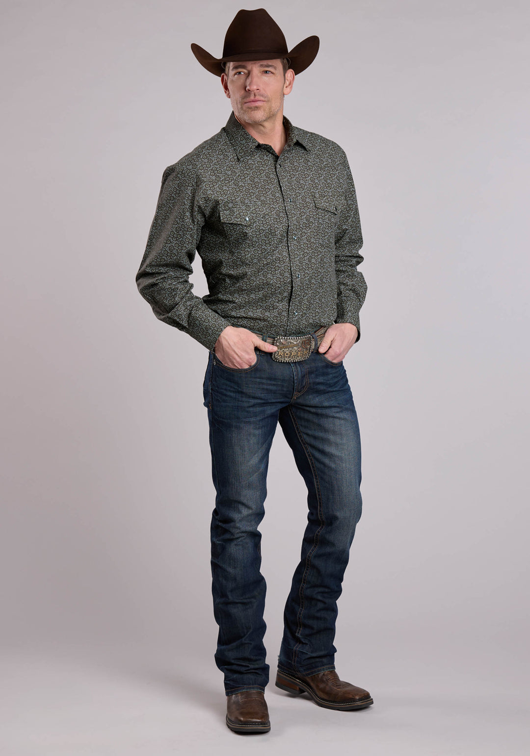 MENS LONG SLEEVE SNAP OLIVE FLORAL PRINT WESTERN SHIRT