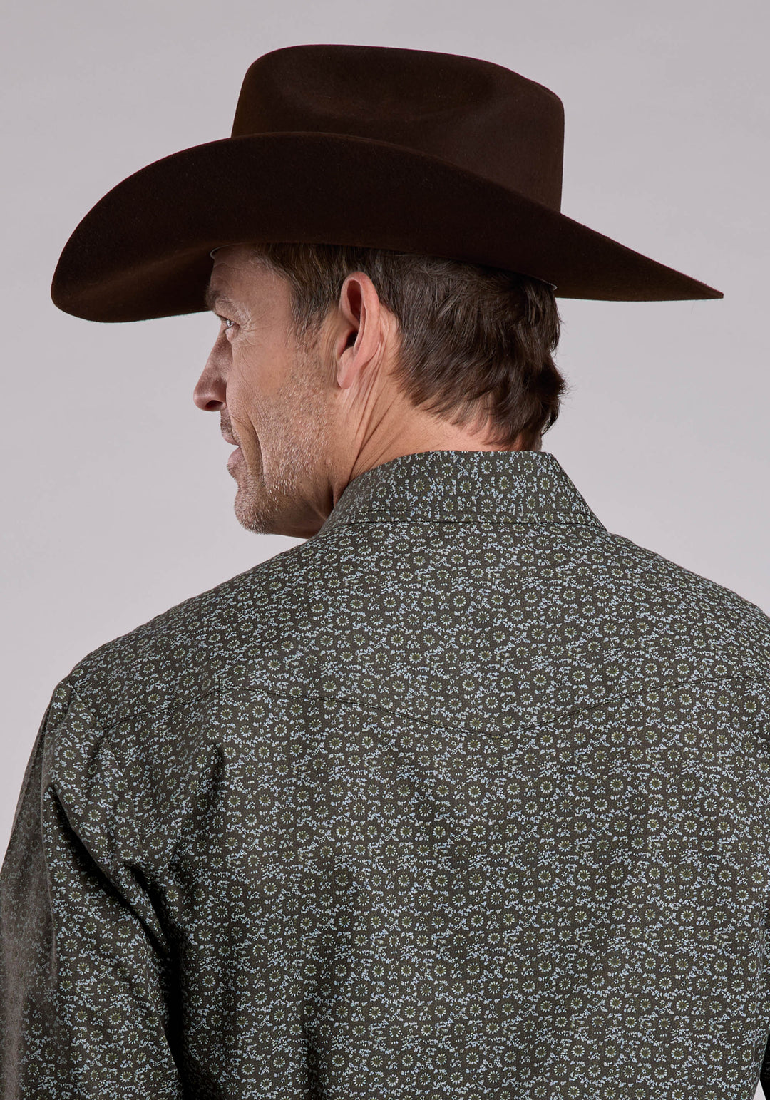 MENS LONG SLEEVE SNAP OLIVE FLORAL PRINT WESTERN SHIRT