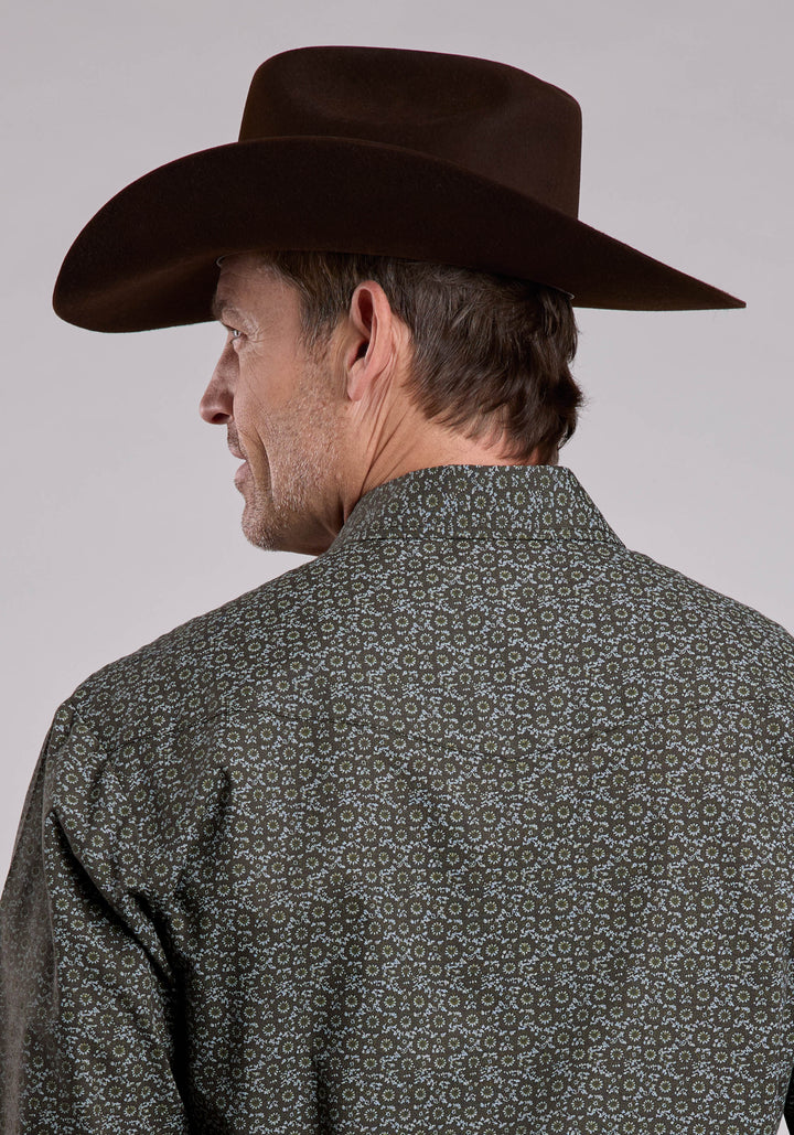 MENS LONG SLEEVE SNAP OLIVE FLORAL PRINT WESTERN SHIRT