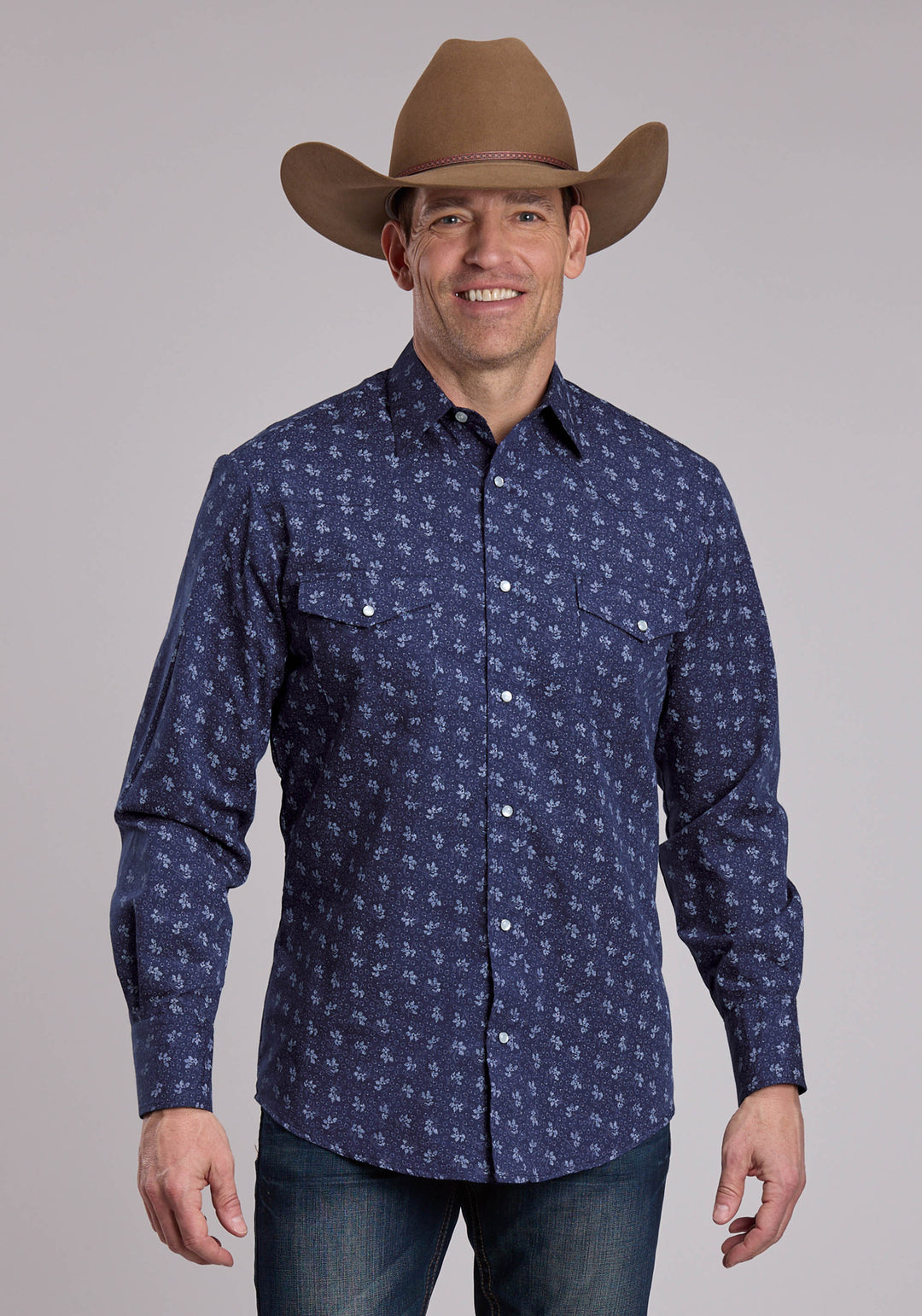 MENS ROPER NAVY AND LIGHT GREY FLORAL PRINT WESTERN SHIRT