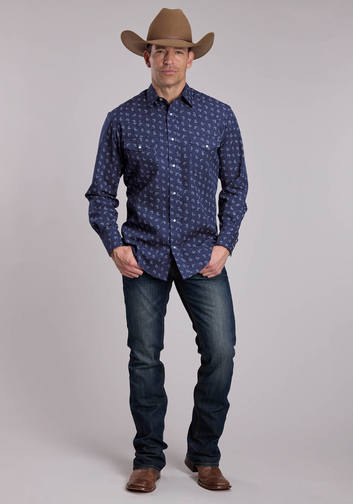 MENS ROPER NAVY AND LIGHT GREY FLORAL PRINT WESTERN SHIRT