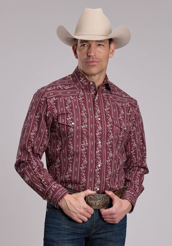 MENS ROPER BRICK RED AND CREAM PRINT WESTERN SHIRT