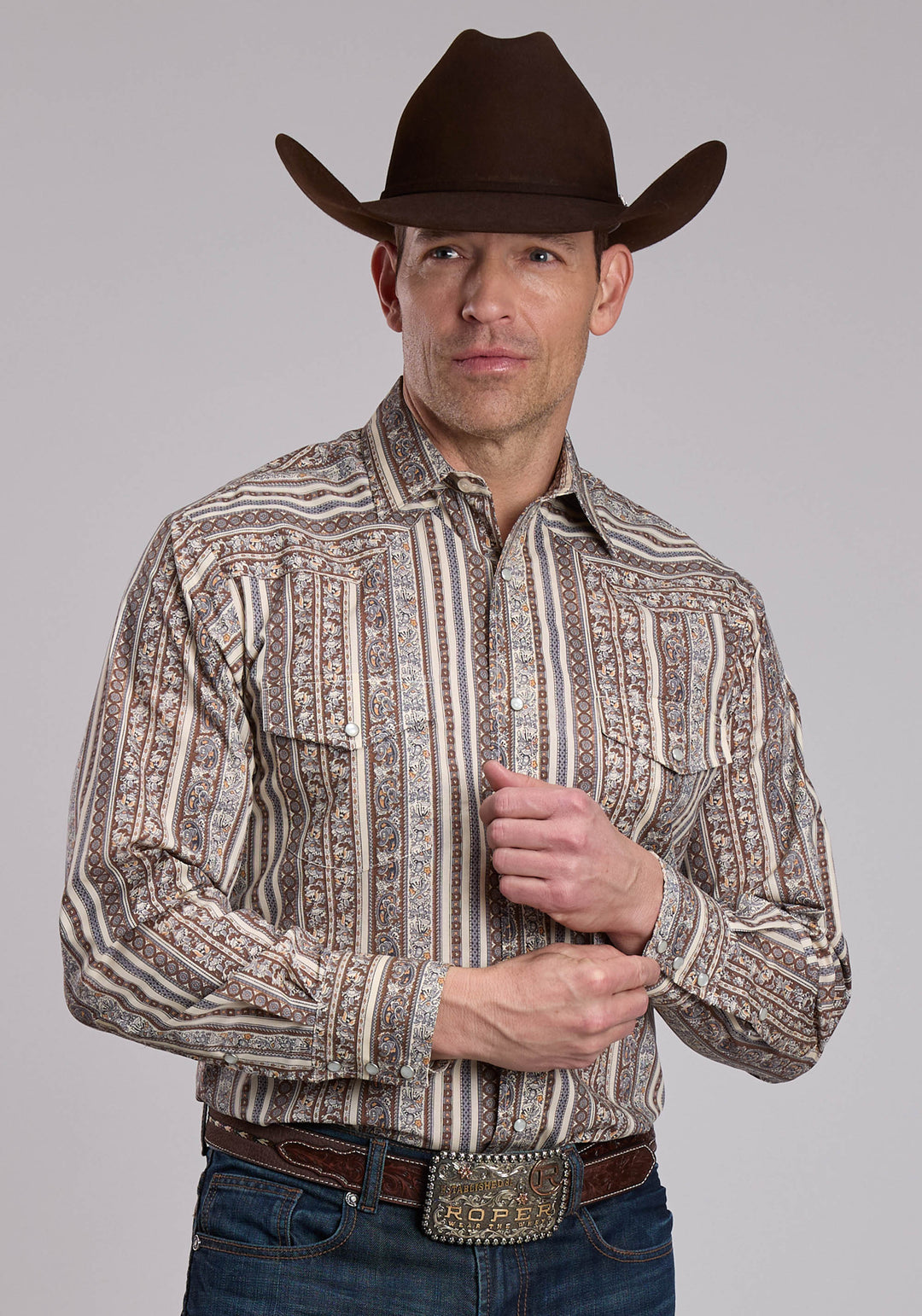 MENS ROPER BROWN AND CREAM PRINT WESTERN SHIRT