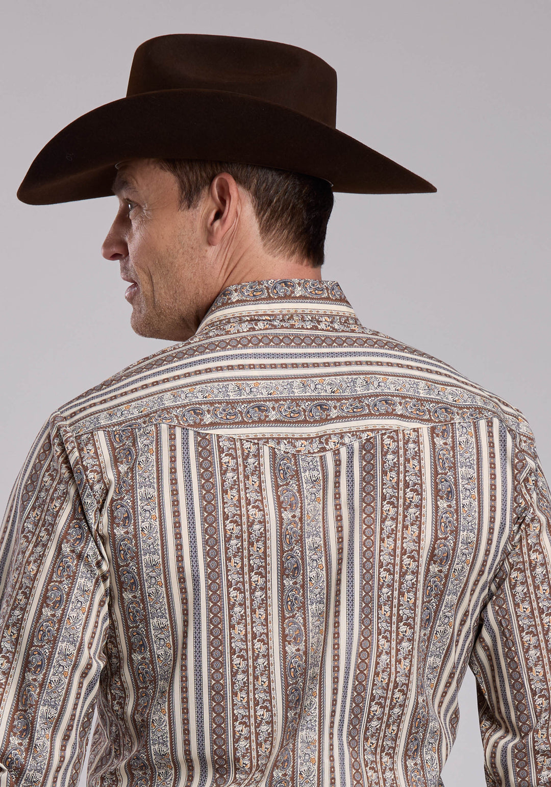 MENS ROPER BROWN AND CREAM PRINT WESTERN SHIRT