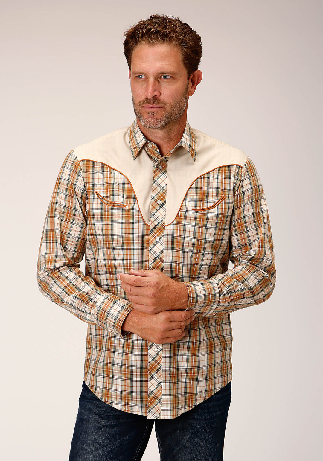 MENS LONG SLEEVE SNAP KHAKI FOREST GREY CREAM PLAID WESTERN SHIRT