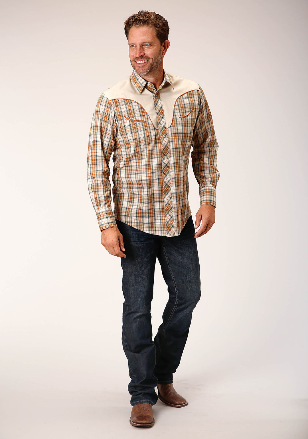 MENS LONG SLEEVE SNAP KHAKI FOREST GREY CREAM PLAID WESTERN SHIRT