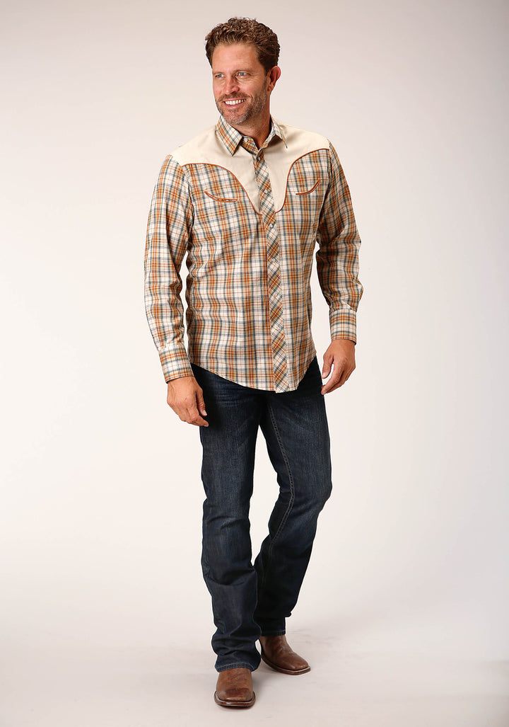MENS LONG SLEEVE SNAP KHAKI FOREST GREY CREAM PLAID WESTERN SHIRT
