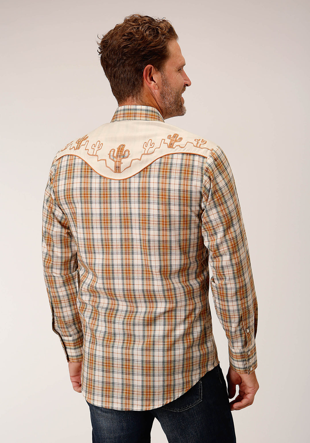 MENS LONG SLEEVE SNAP KHAKI FOREST GREY CREAM PLAID WESTERN SHIRT