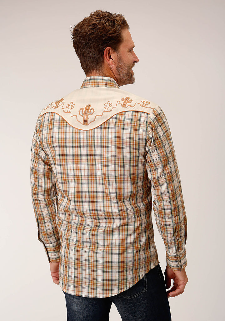 MENS LONG SLEEVE SNAP KHAKI FOREST GREY CREAM PLAID WESTERN SHIRT