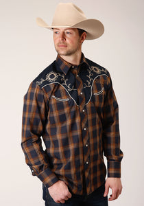 MENS LONG SLEEVE SNAP NAVY AND BROWN PLAID WESTERN SHIRT