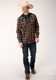 MENS LONG SLEEVE SNAP NAVY AND BROWN PLAID WESTERN SHIRT