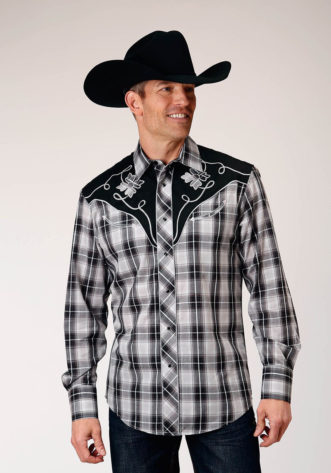 MENS LONG SLEEVE SNAP BLACK AQUA GREY PLAID WESTERN SHIRT WITH PIPING AND APPLIQUE ON YOKES