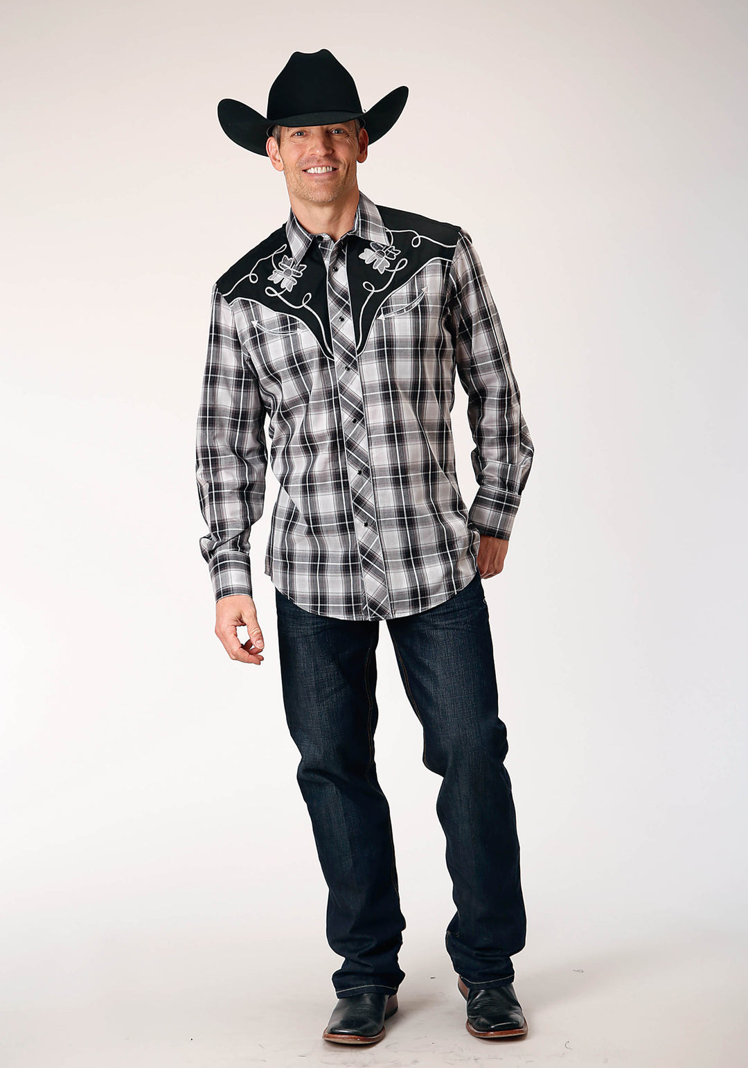 MENS LONG SLEEVE SNAP BLACK AQUA GREY PLAID WESTERN SHIRT WITH PIPING AND APPLIQUE ON YOKES