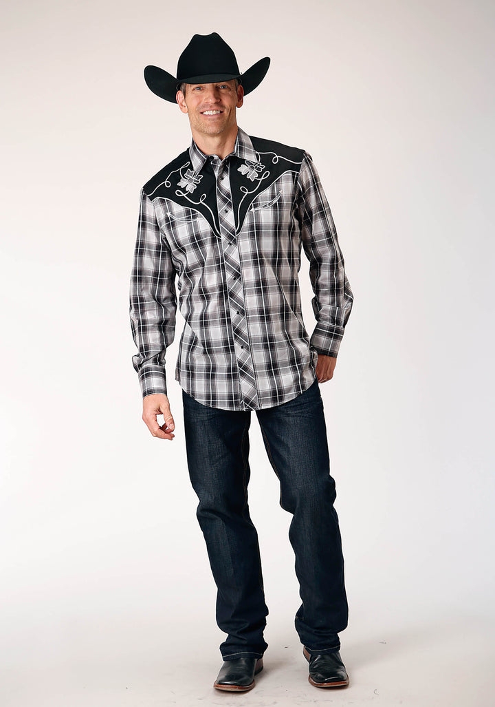 MENS LONG SLEEVE SNAP BLACK AQUA GREY PLAID WESTERN SHIRT WITH PIPING AND APPLIQUE ON YOKES