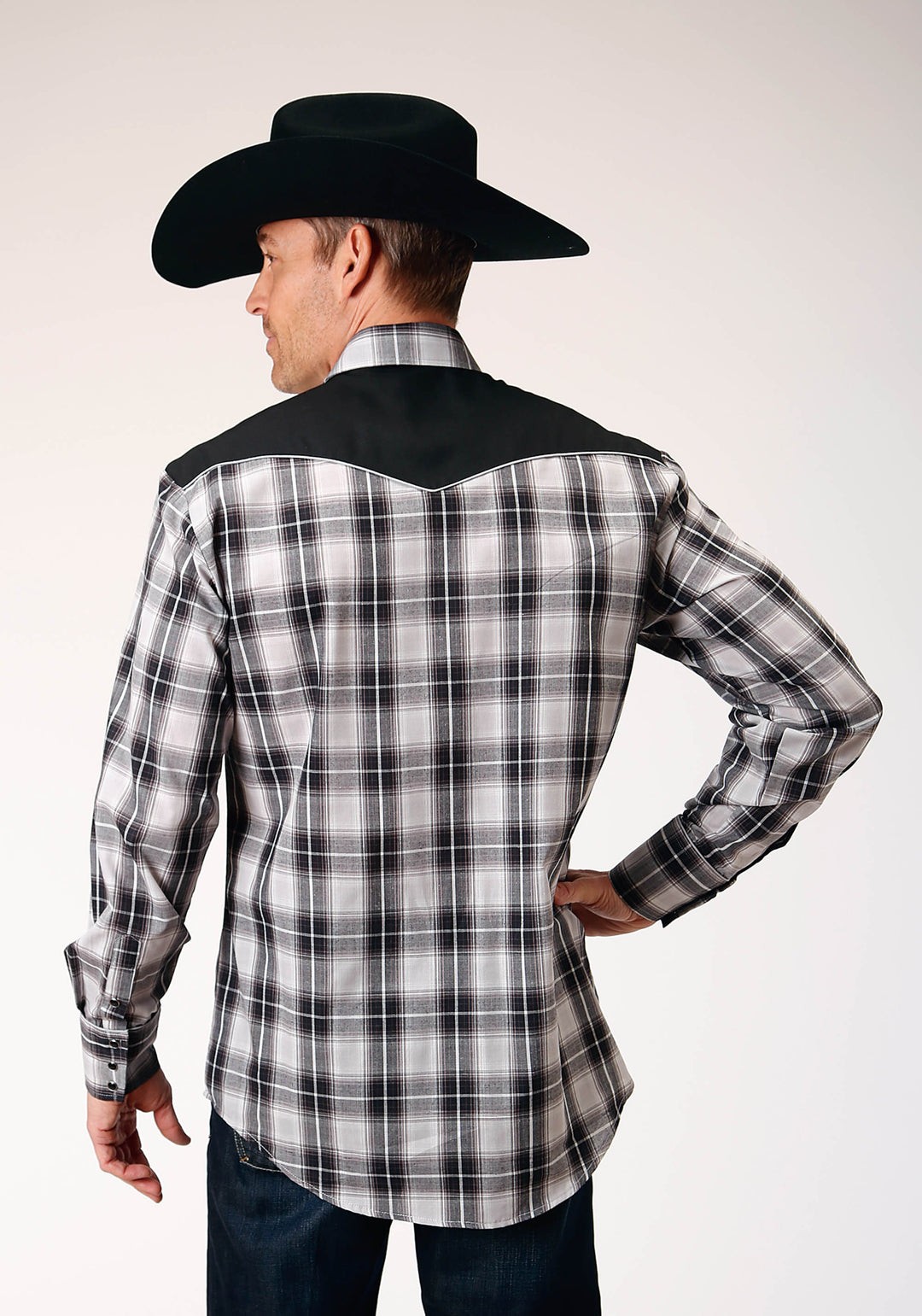 MENS LONG SLEEVE SNAP BLACK AQUA GREY PLAID WESTERN SHIRT WITH PIPING AND APPLIQUE ON YOKES