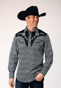 MENS LONG SLEEVE SNAP BLACK WHITE FLORAL PRINT WESTERN SHIRT WITH PIPING AND APPLIQUE ON YOKES