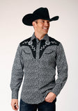 MENS LONG SLEEVE SNAP BLACK WHITE FLORAL PRINT WESTERN SHIRT WITH PIPING AND APPLIQUE ON YOKES