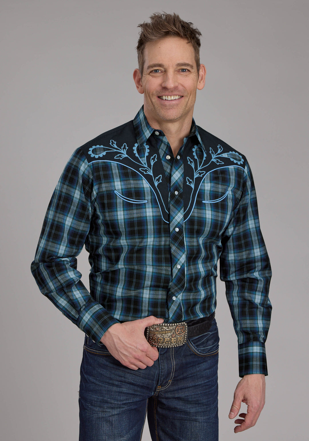 MENS MULIT BLUE WINDOWPANE PLAID LONG SLEEVE SNAP WESTERN SHIRT