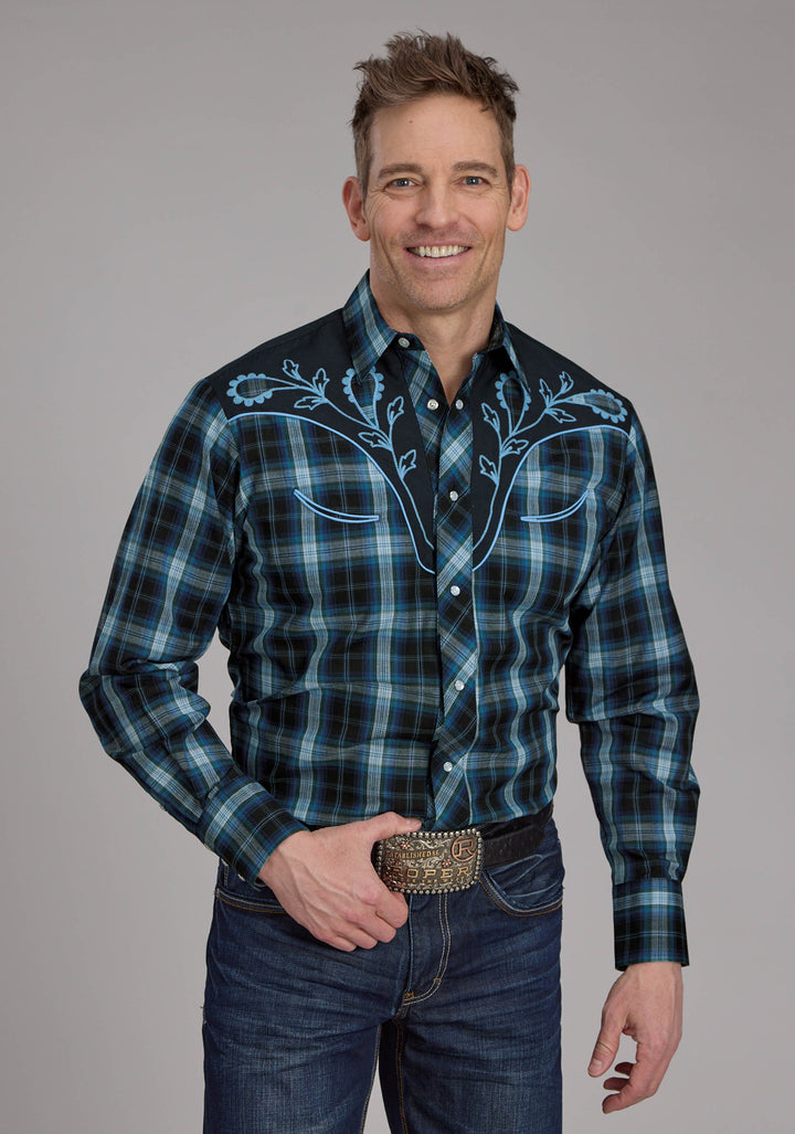 MENS MULIT BLUE WINDOWPANE PLAID LONG SLEEVE SNAP WESTERN SHIRT