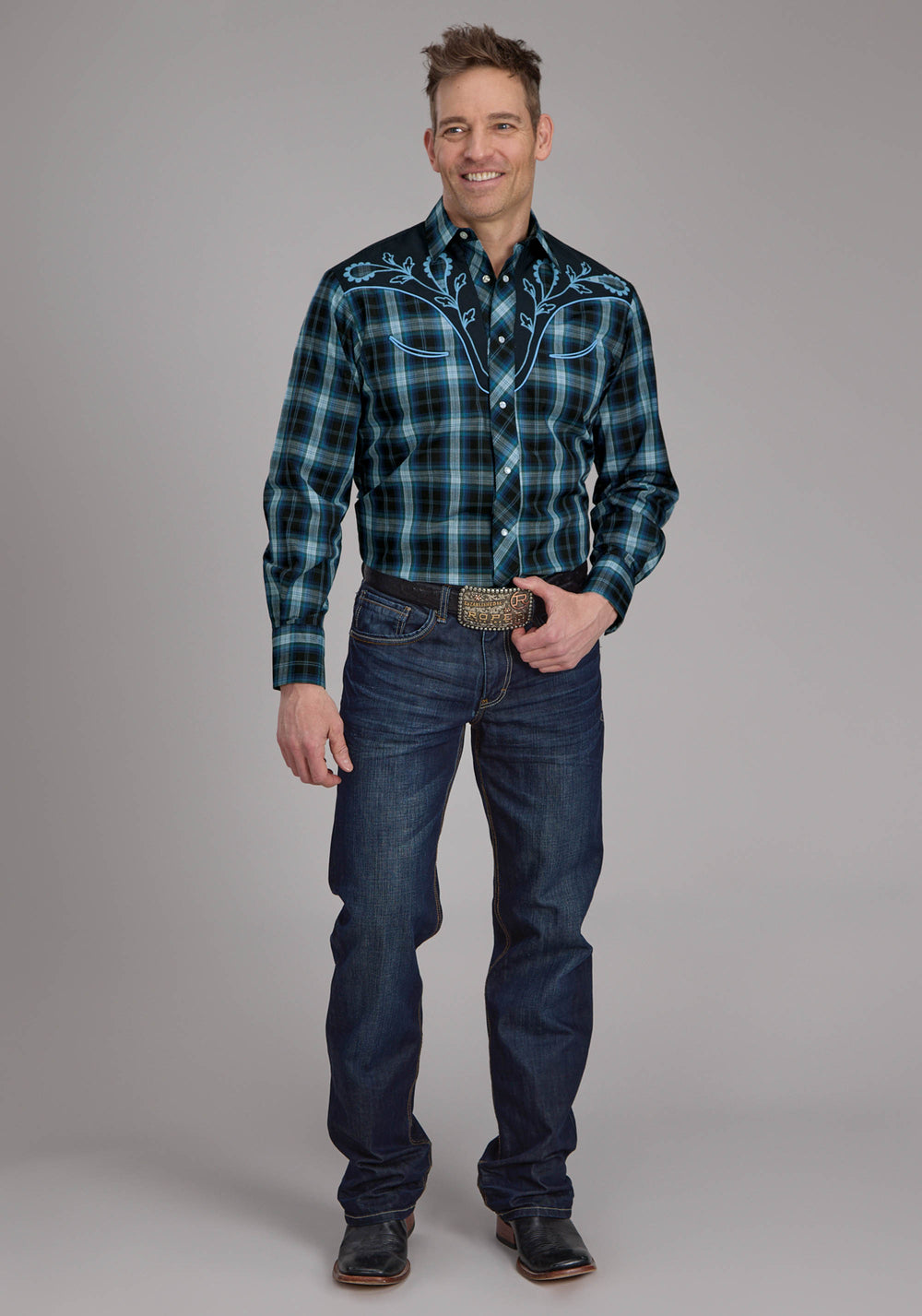 MENS MULIT BLUE WINDOWPANE PLAID LONG SLEEVE SNAP WESTERN SHIRT