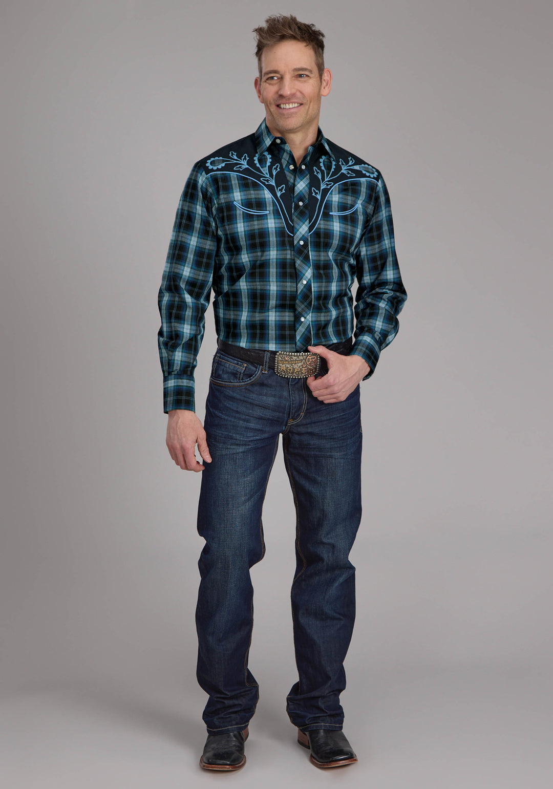 MENS MULIT BLUE WINDOWPANE PLAID LONG SLEEVE SNAP WESTERN SHIRT