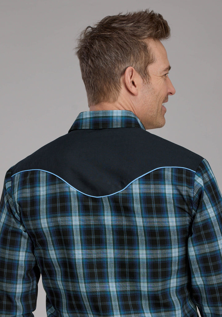 MENS MULIT BLUE WINDOWPANE PLAID LONG SLEEVE SNAP WESTERN SHIRT
