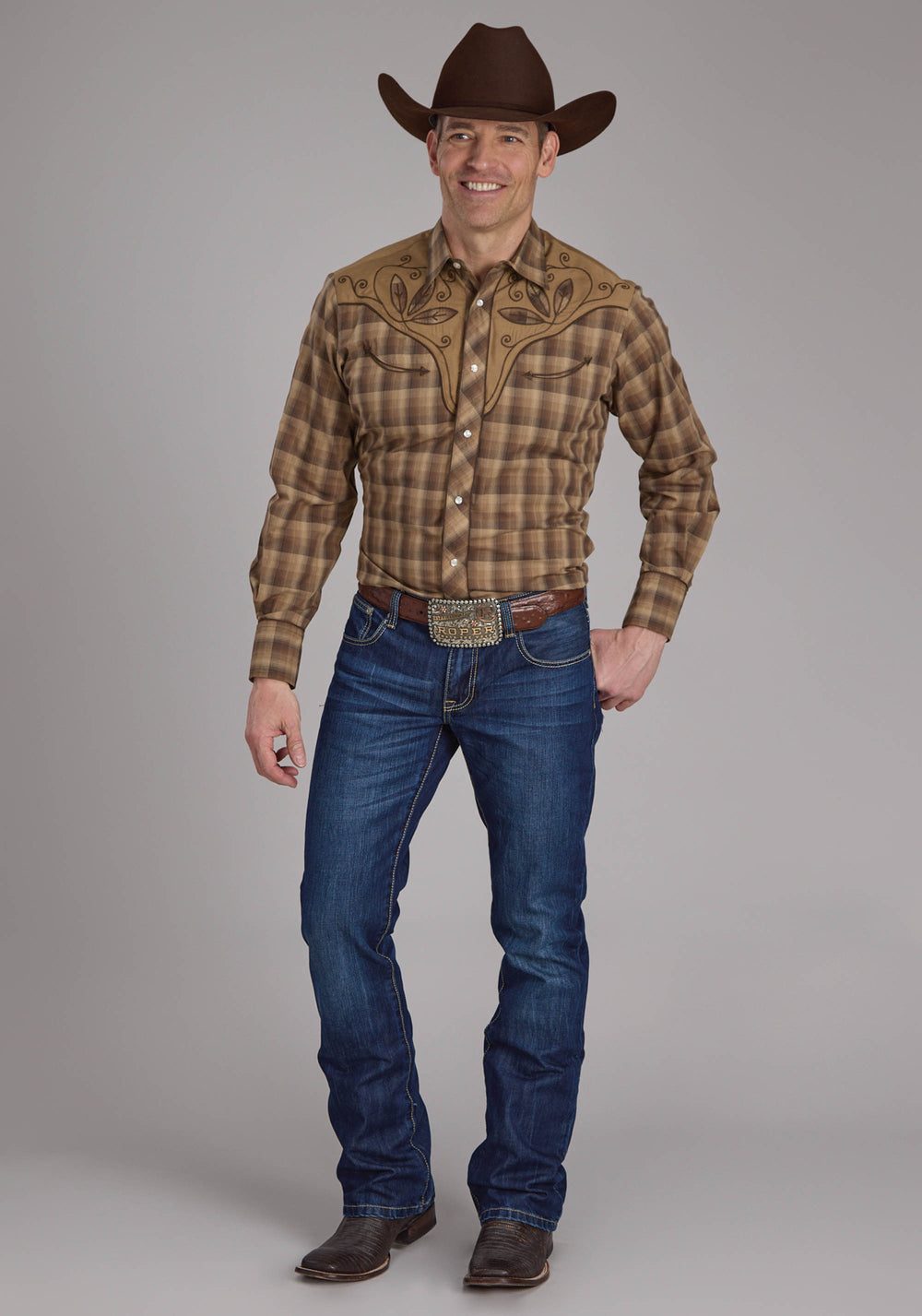 MENS BROWN AND TAN OMBRE PLAID LONG SLEEVE SNAP WESTERN SHIRT