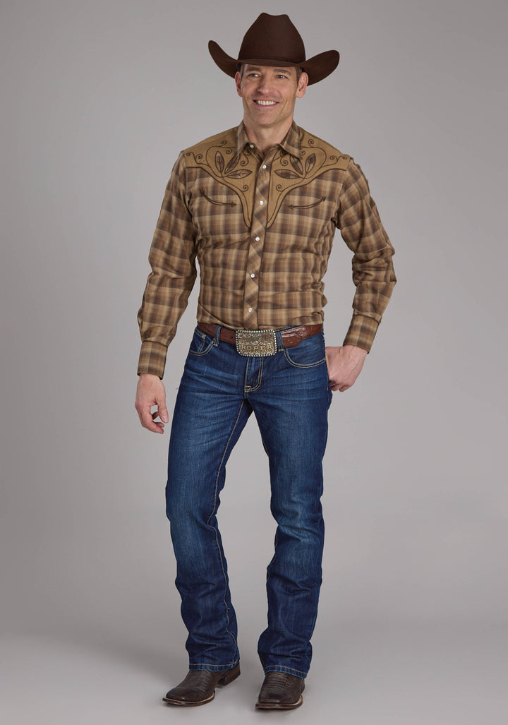 MENS BROWN AND TAN OMBRE PLAID LONG SLEEVE SNAP WESTERN SHIRT