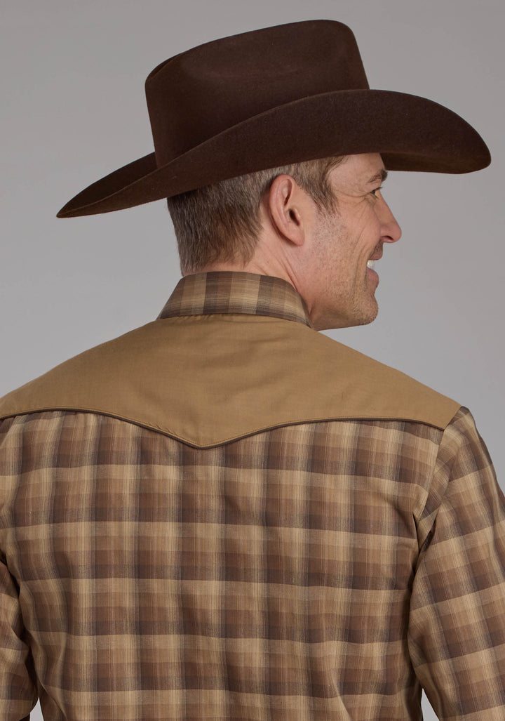MENS BROWN AND TAN OMBRE PLAID LONG SLEEVE SNAP WESTERN SHIRT