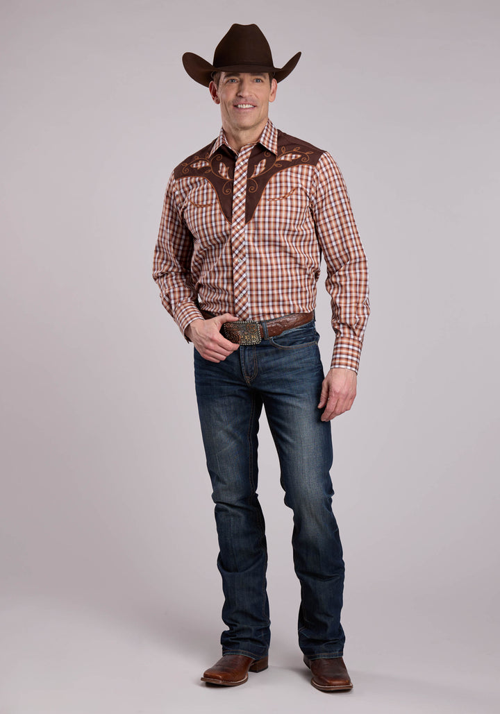 MENS LONG SLEEVE SNAP BROWN AND CREAM PLAID WESTERN SHIRT