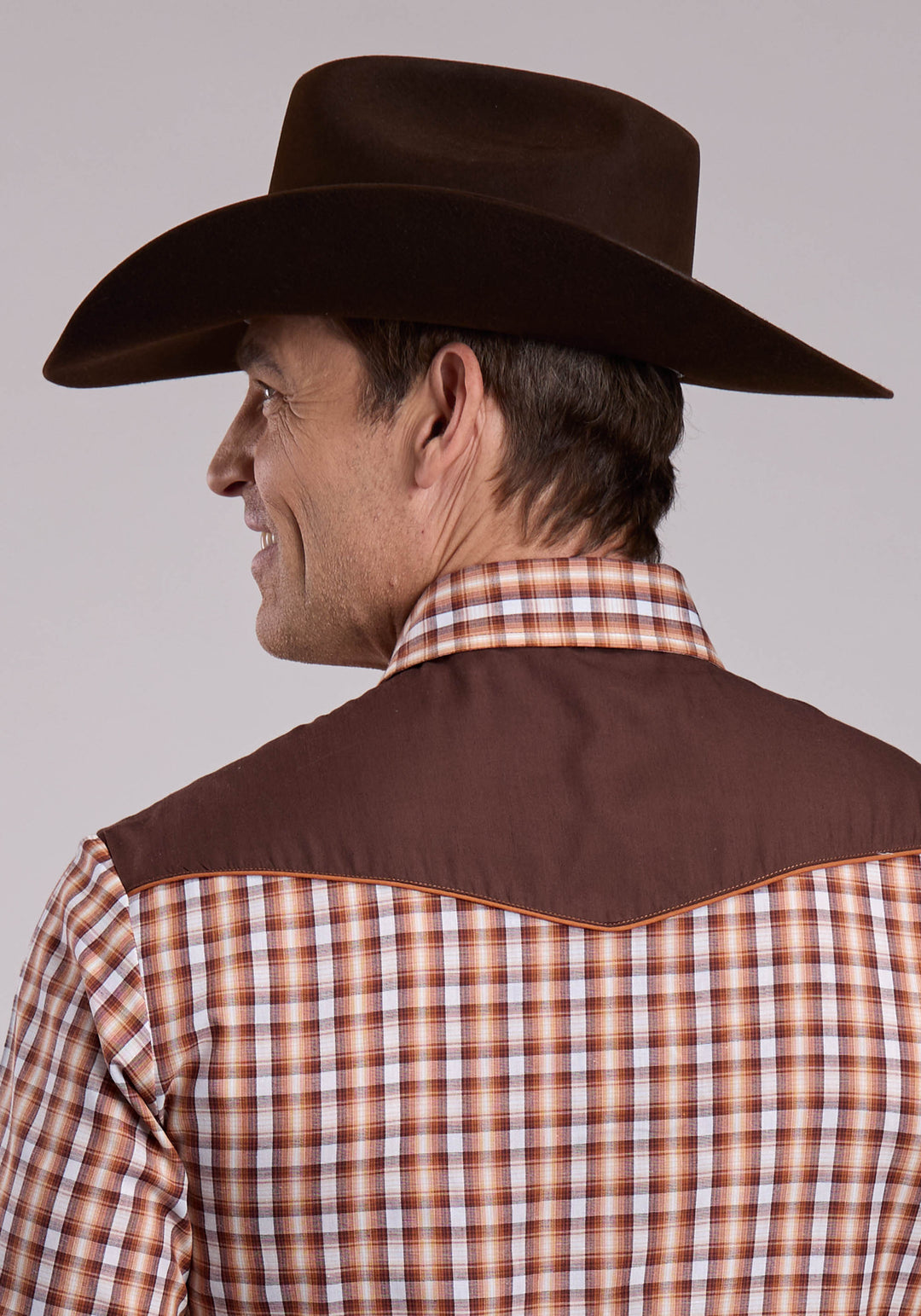 MENS LONG SLEEVE SNAP BROWN AND CREAM PLAID WESTERN SHIRT