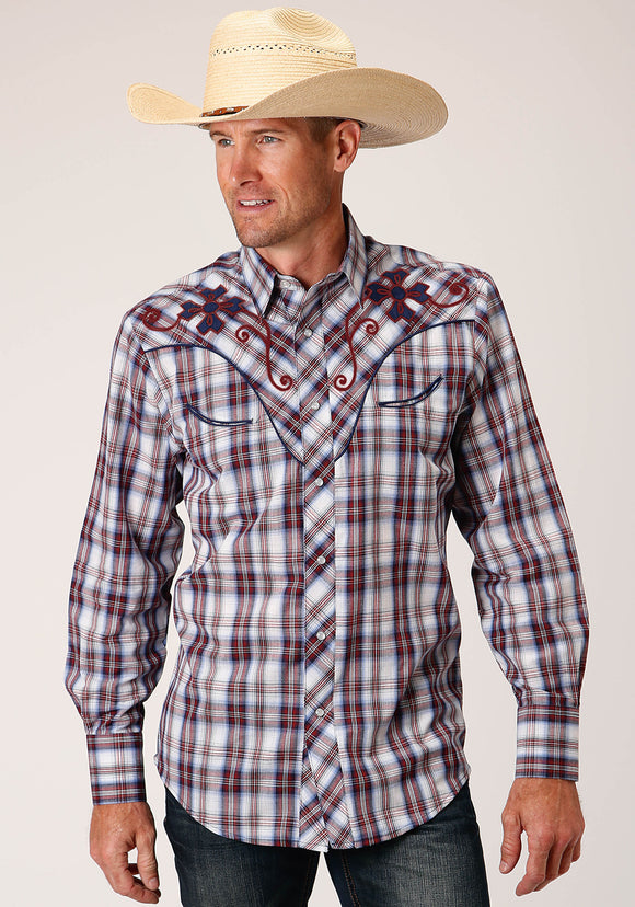 MENS LONG SLEEVE SNAP WINE  NAVY  AND WHITE PLAID WESTERN SHIRT