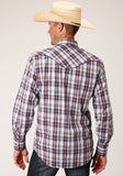 MENS LONG SLEEVE SNAP WINE  NAVY  AND WHITE PLAID WESTERN SHIRT