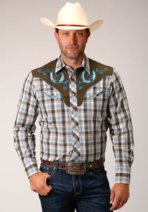 MENS LONG SLEEVE SNAP BROWN  BLUE  AND WHITE PLAID WESTERN SHIRT